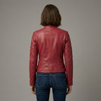 Women’s Slim Fit Red Leather Moto Biker Jacket