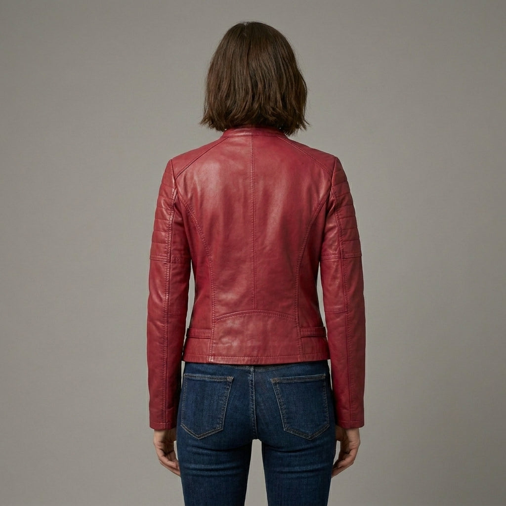 Women’s Slim Fit Red Leather Moto Biker Jacket