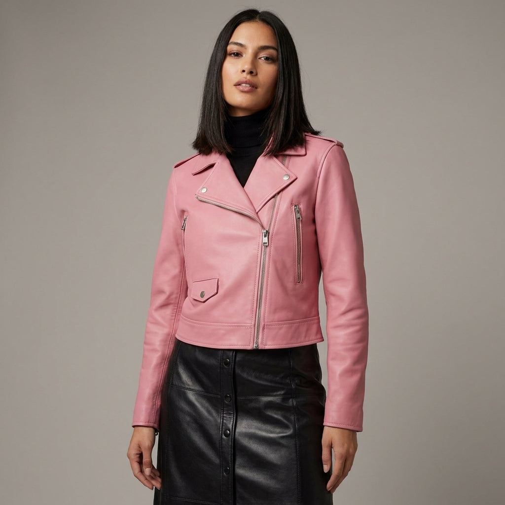 Women’s Stylish Pink Leather Biker Jacket