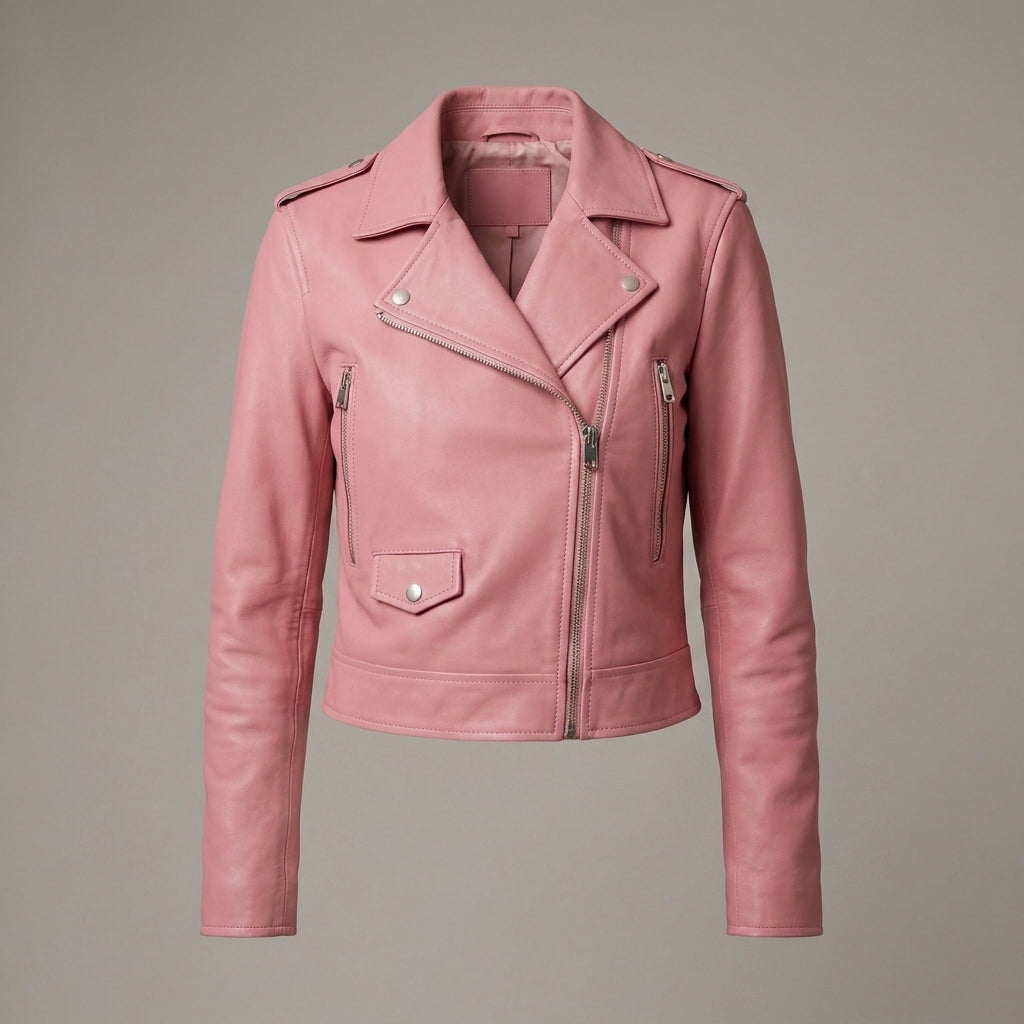 Women’s Stylish Pink Leather Biker Jacket