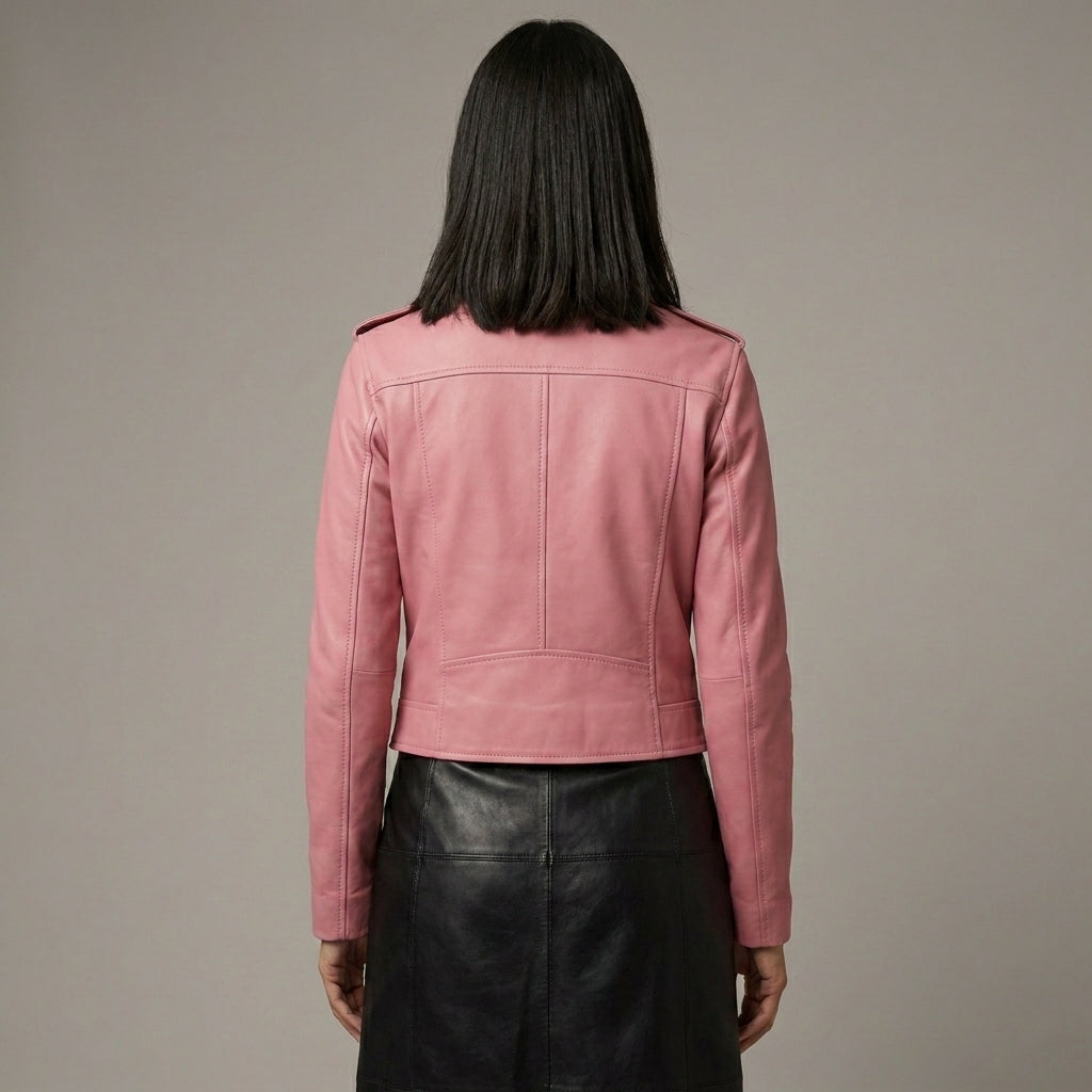 Women’s Stylish Pink Leather Biker Jacket