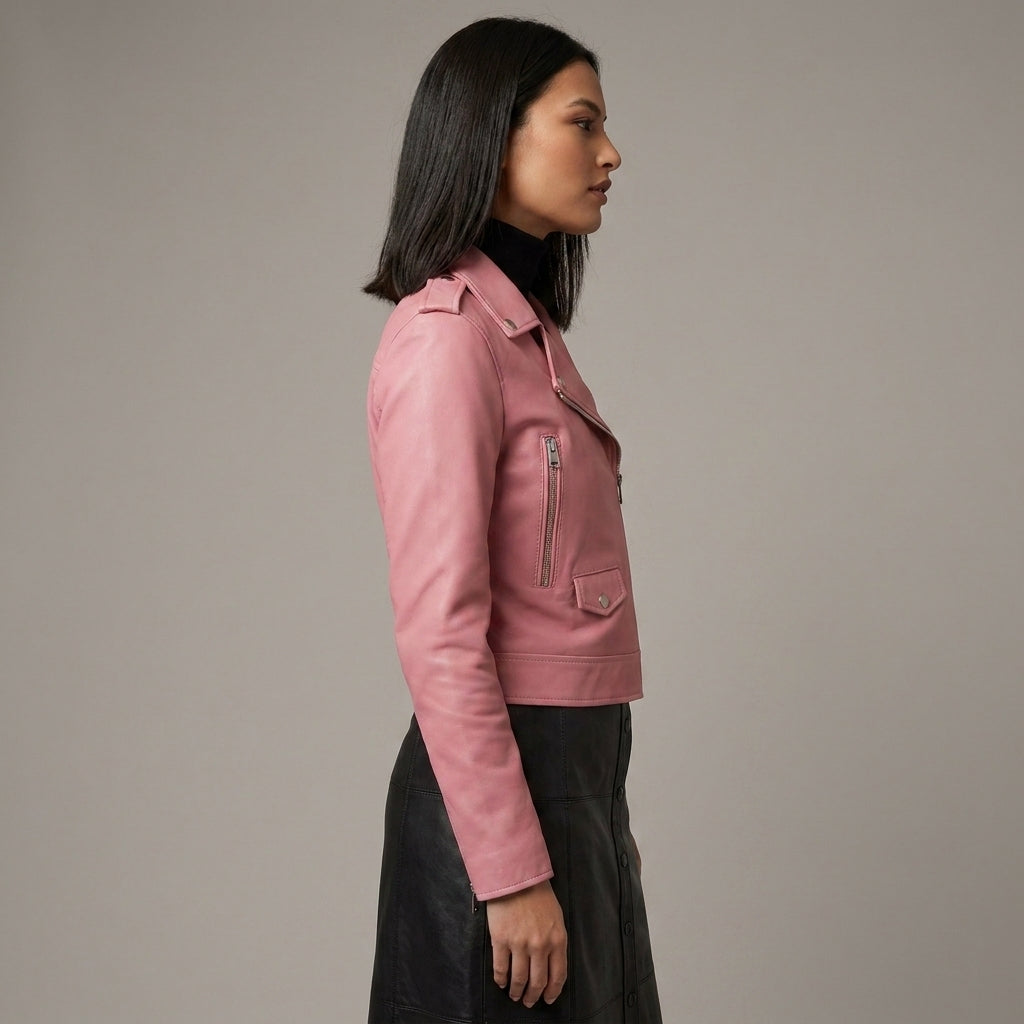 Women’s Stylish Pink Leather Biker Jacket