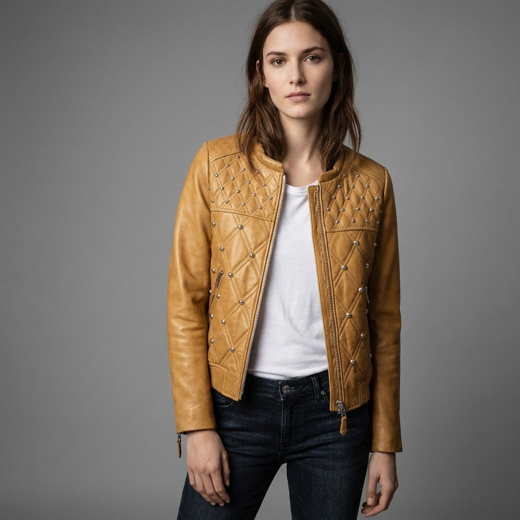 Women’s Sunshine Yellow Studded Moto Leather Jacket