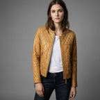 Women’s Sunshine Yellow Studded Moto Leather Jacket