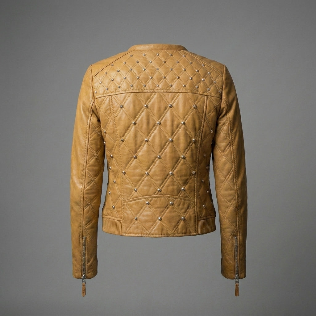 Women’s Sunshine Yellow Studded Moto Leather Jacket