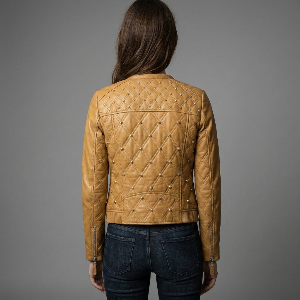 Women’s Sunshine Yellow Studded Moto Leather Jacket