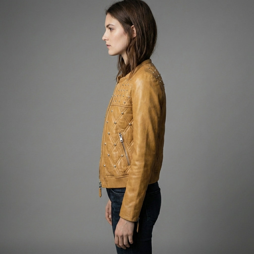 Women’s Sunshine Yellow Studded Moto Leather Jacket