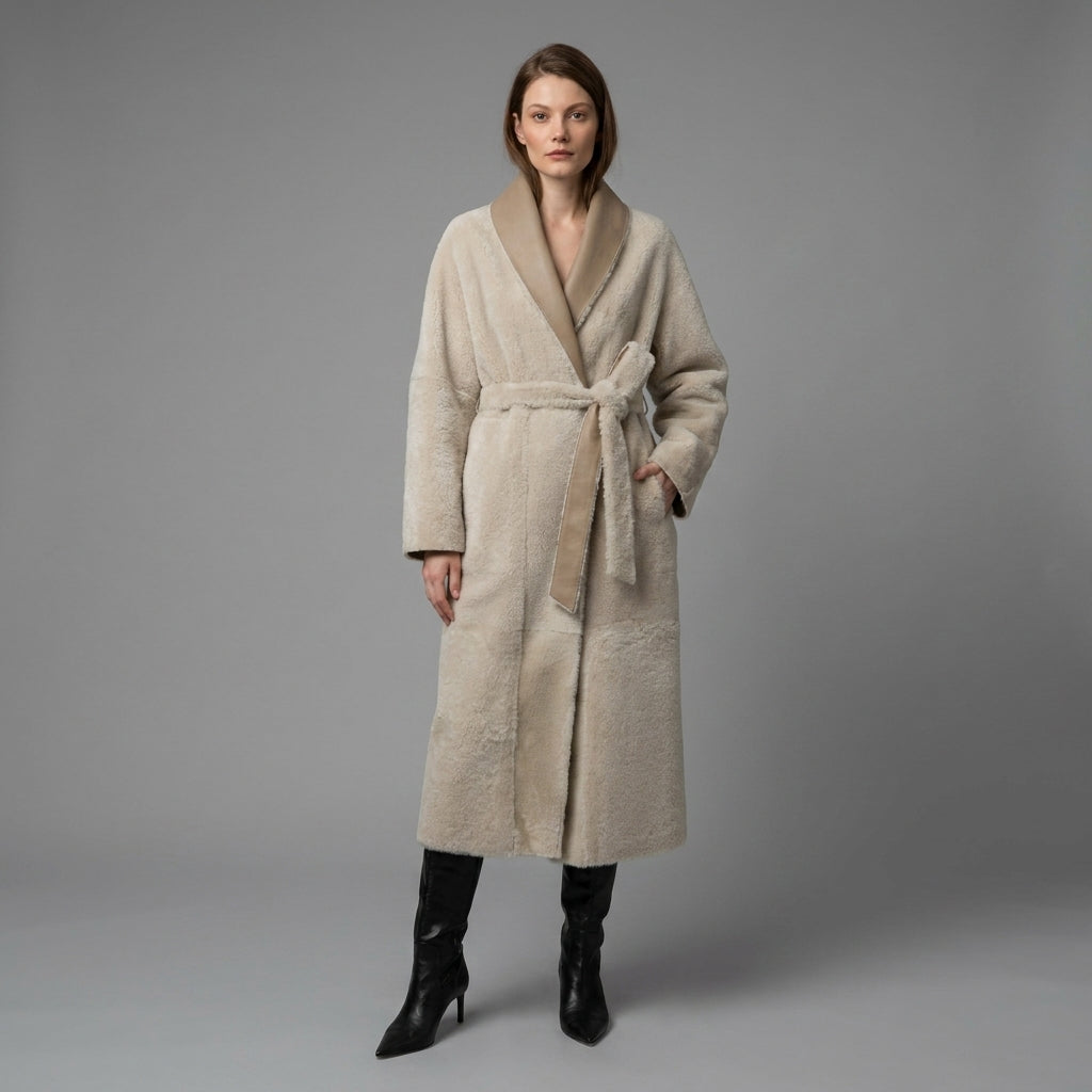 Women's Tan Brown Belted Shearling Leather Coat
