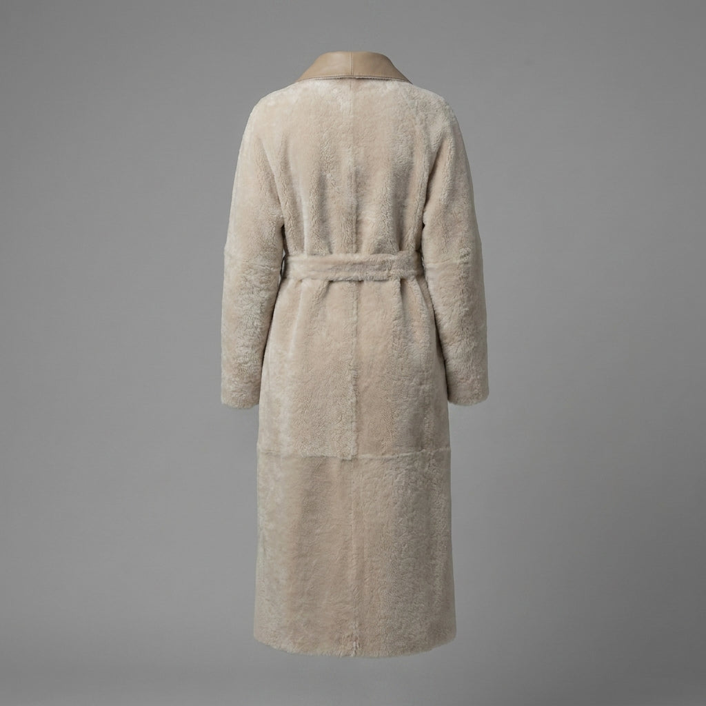 Women's Tan Brown Belted Shearling Leather Coat
