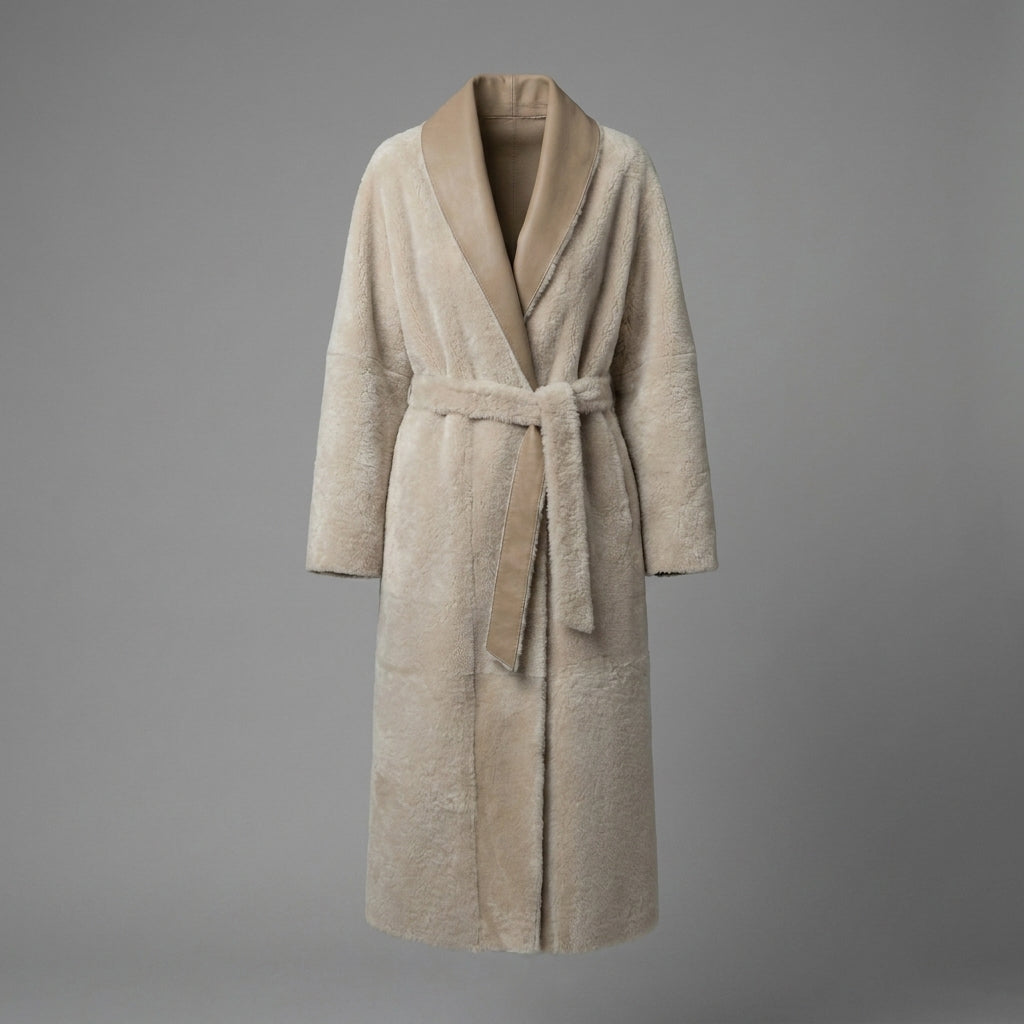 Women's Tan Brown Belted Shearling Leather Coat