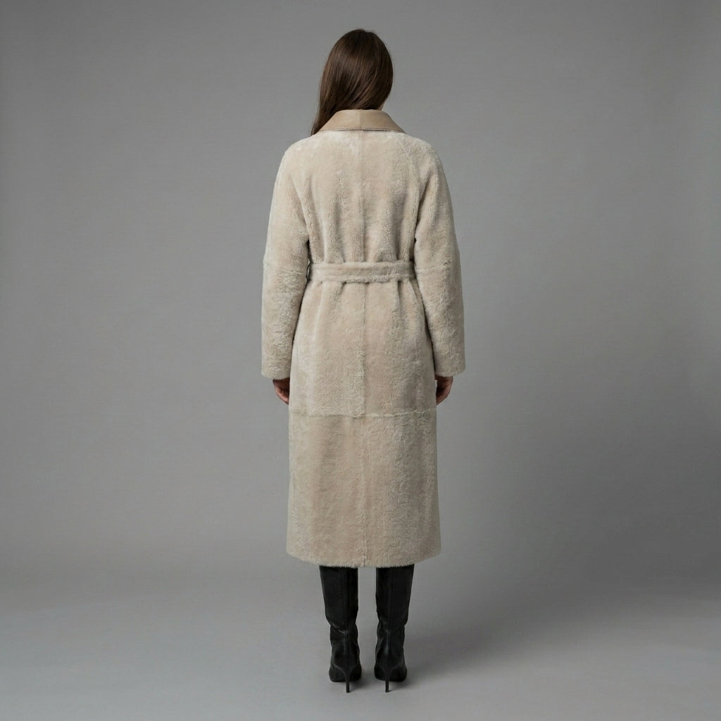 Women's Tan Brown Belted Shearling Leather Coat