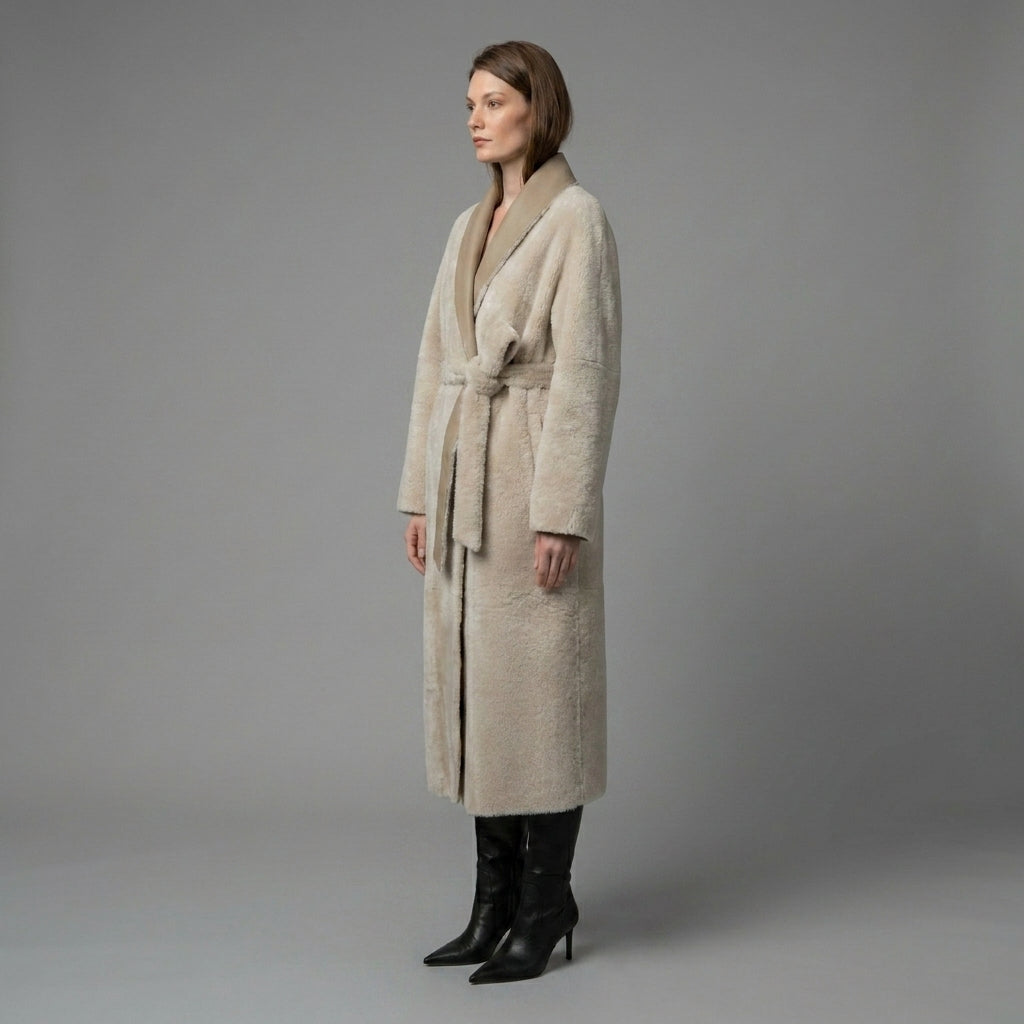 Women's Tan Brown Belted Shearling Leather Coat