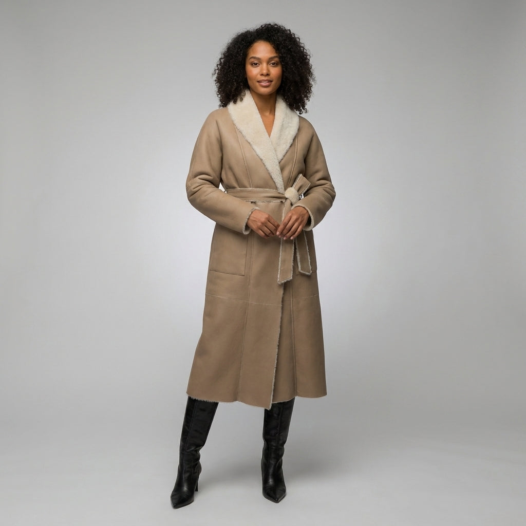 Women’s Tan Brown Shearling Leather Belted Coat