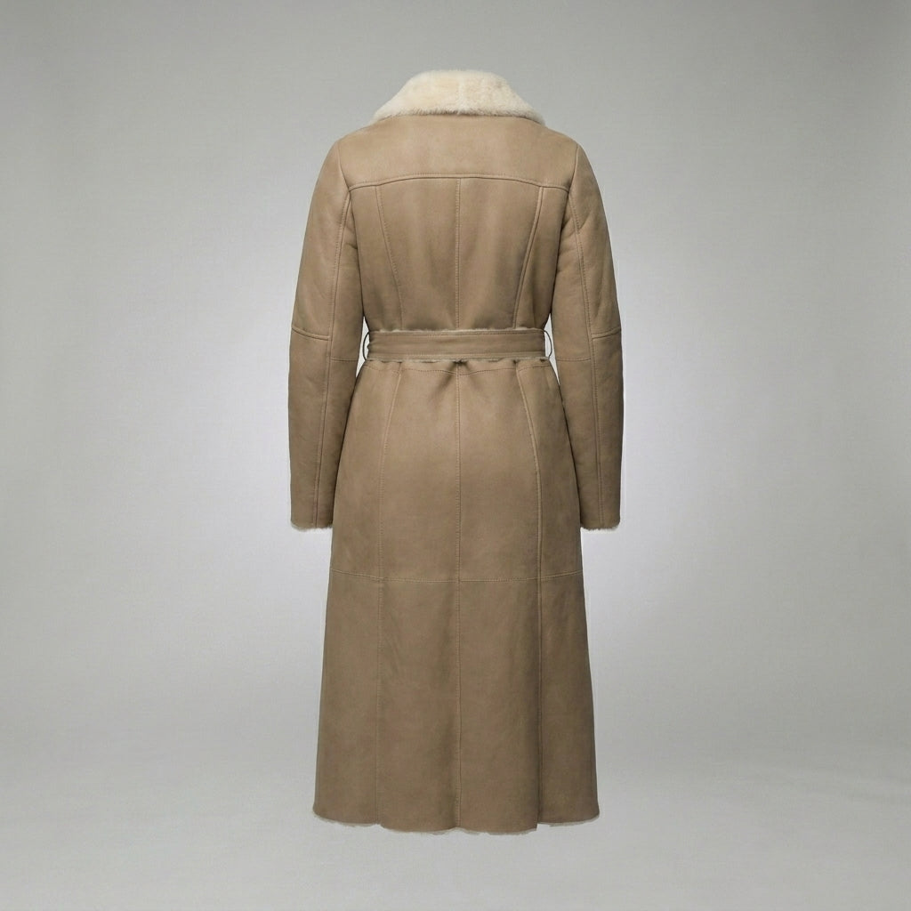 Women’s Tan Brown Shearling Leather Belted Coat