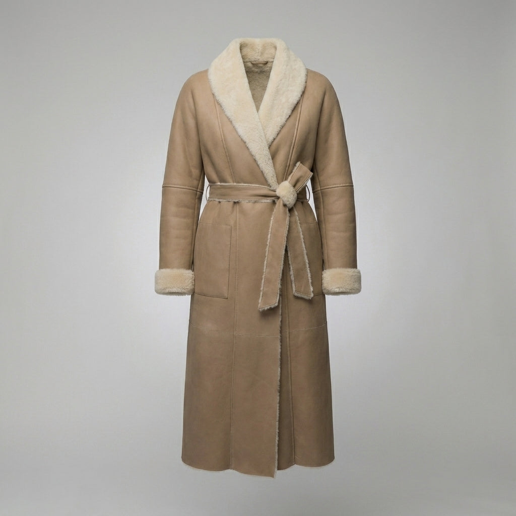 Women’s Tan Brown Shearling Leather Belted Coat