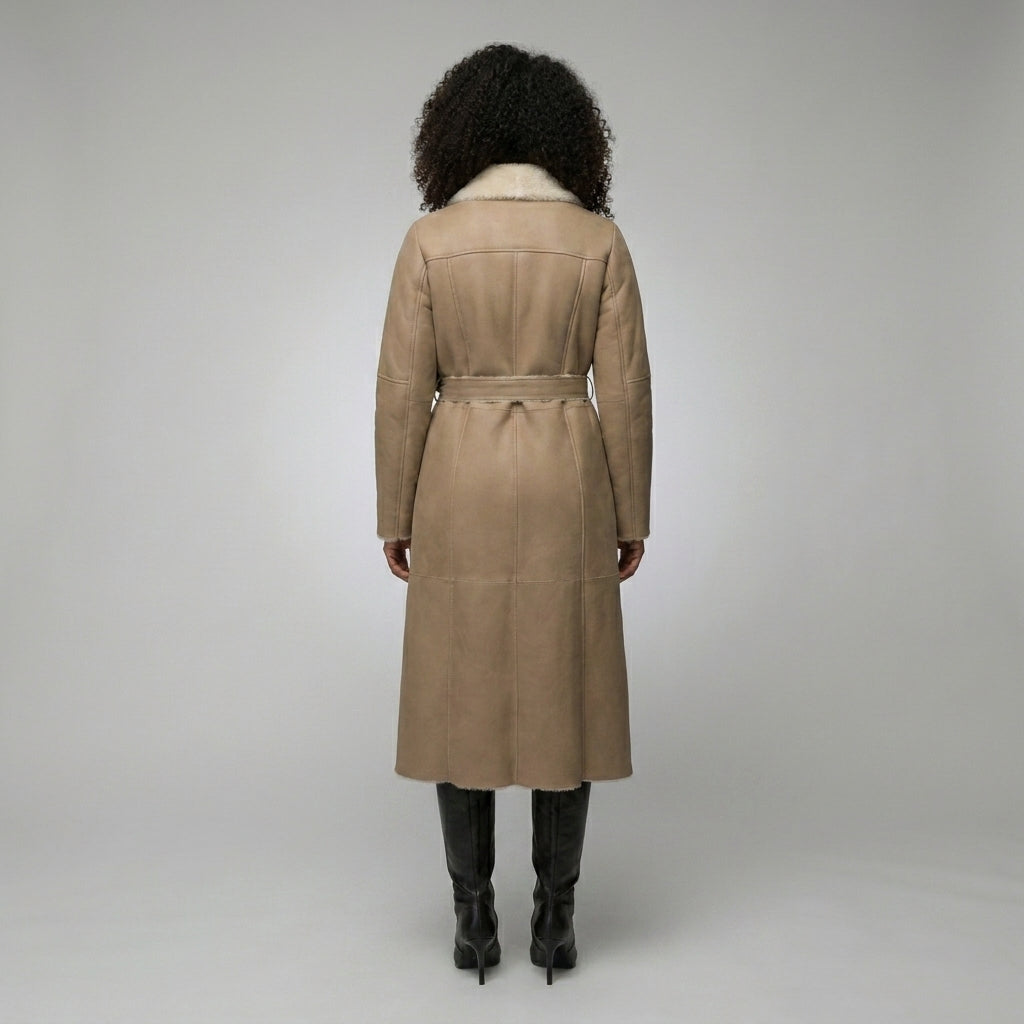 Women’s Tan Brown Shearling Leather Belted Coat