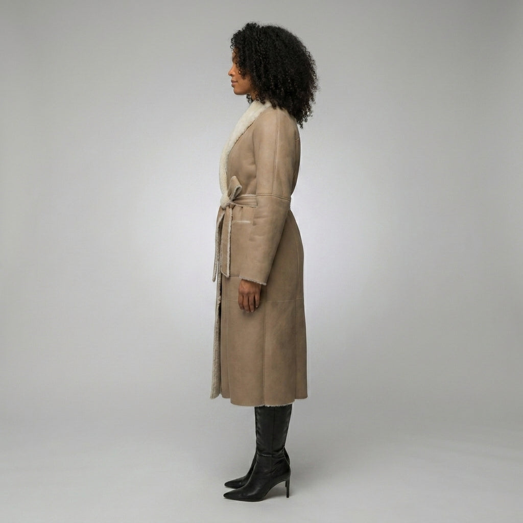 Women’s Tan Brown Shearling Leather Belted Coat