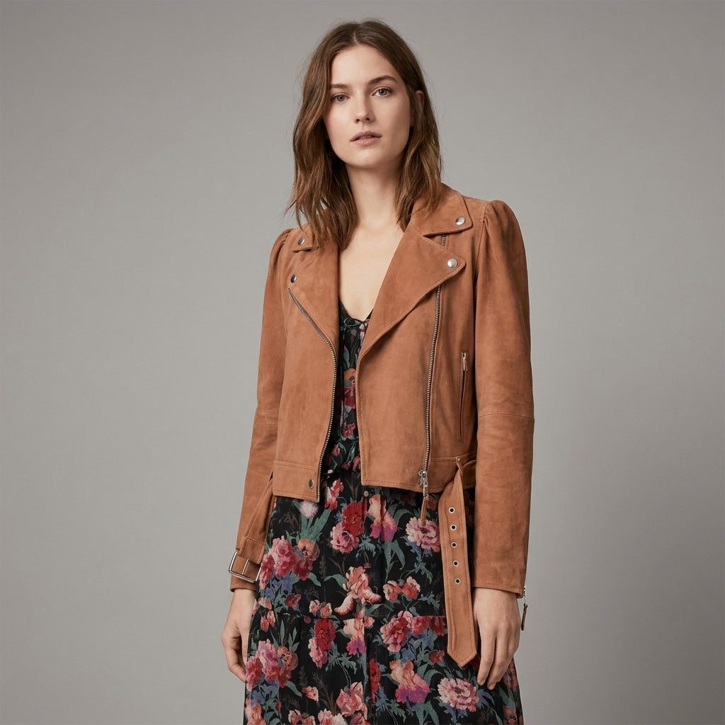 Women’s Tan Brown Suede Belted Biker Jacket