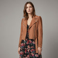 Women’s Tan Brown Suede Belted Biker Jacket