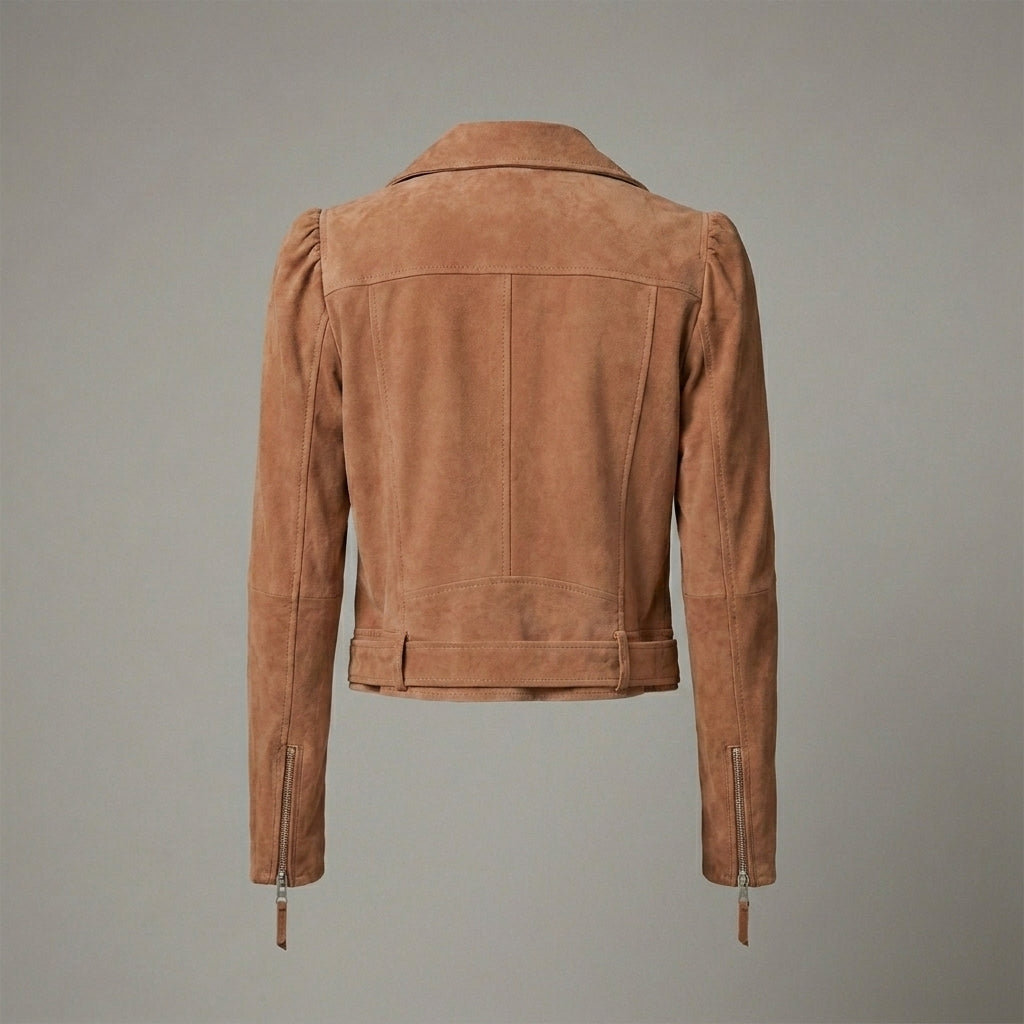 Women’s Tan Brown Suede Belted Biker Jacket