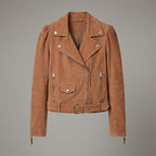 Women’s Tan Brown Suede Belted Biker Jacket