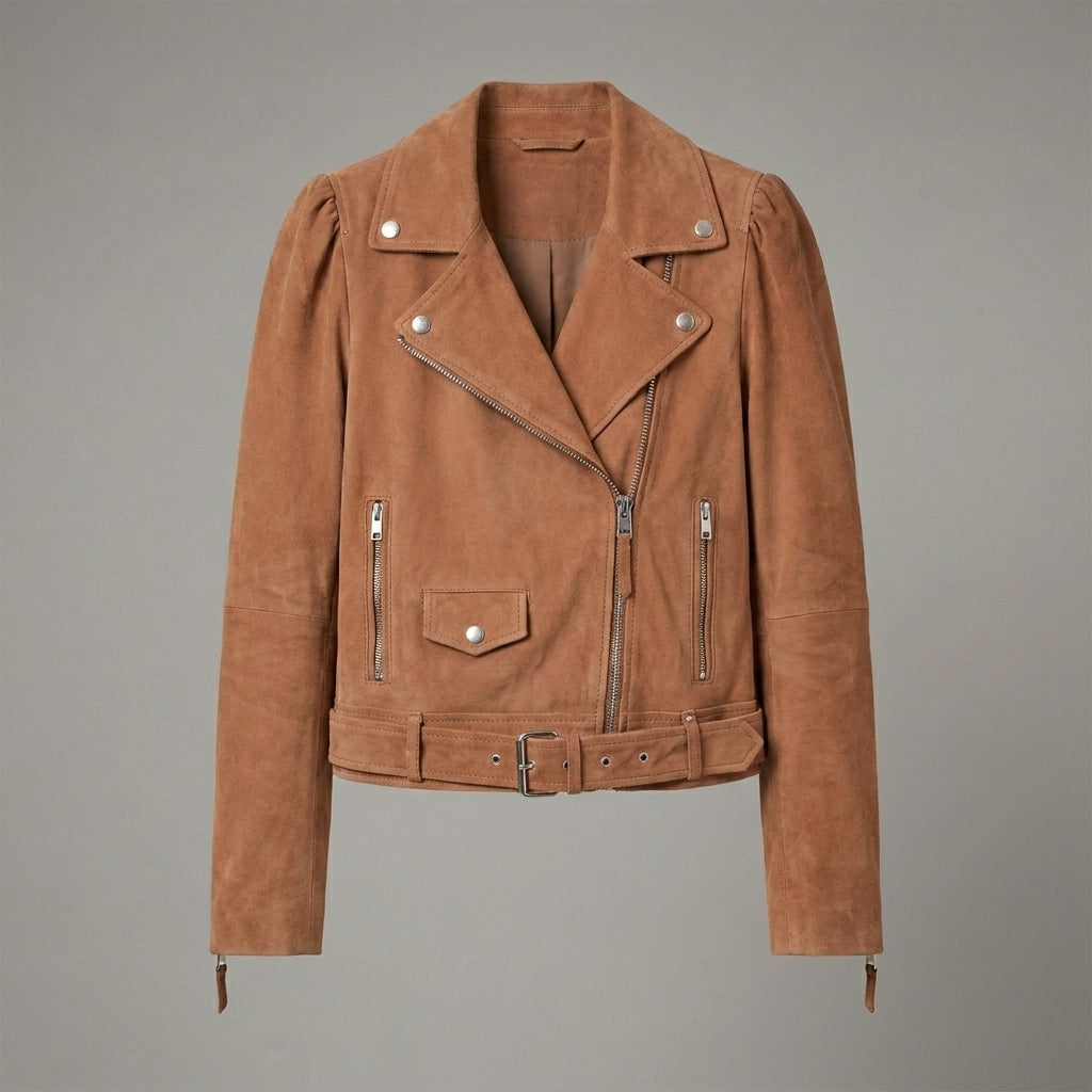 Women’s Tan Brown Suede Belted Biker Jacket