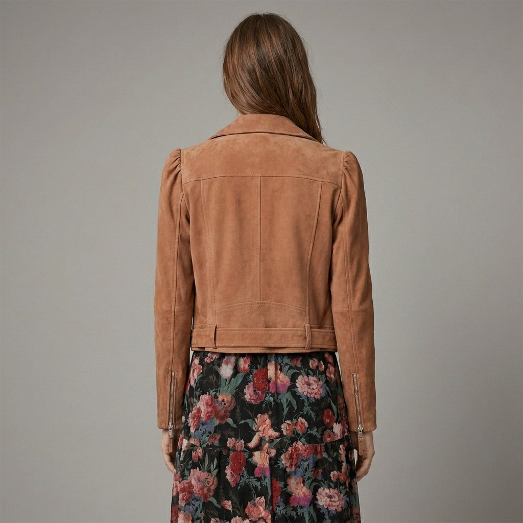 Women’s Tan Brown Suede Belted Biker Jacket