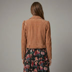 Women’s Tan Brown Suede Belted Biker Jacket