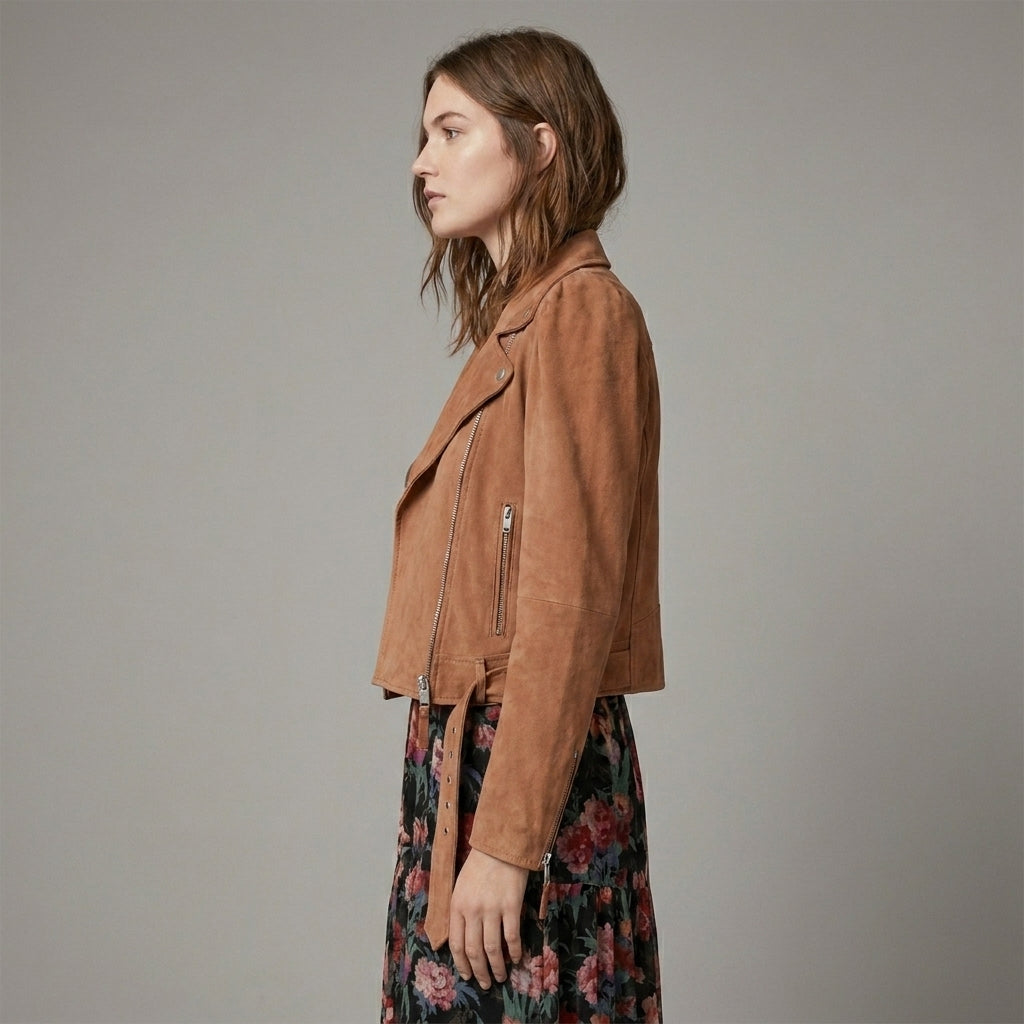Women’s Tan Brown Suede Belted Biker Jacket