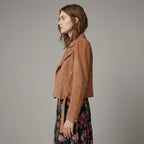 Women’s Tan Brown Suede Belted Biker Jacket