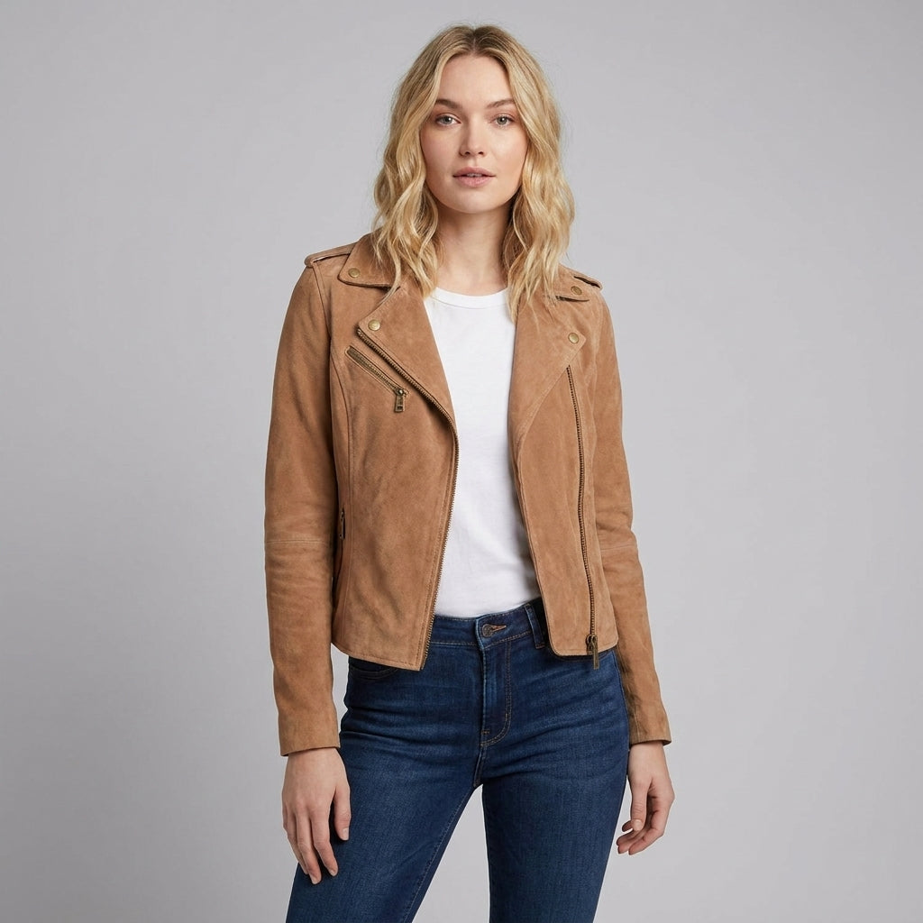 Women’s Tan Brown Suede Moto Biker Jacket