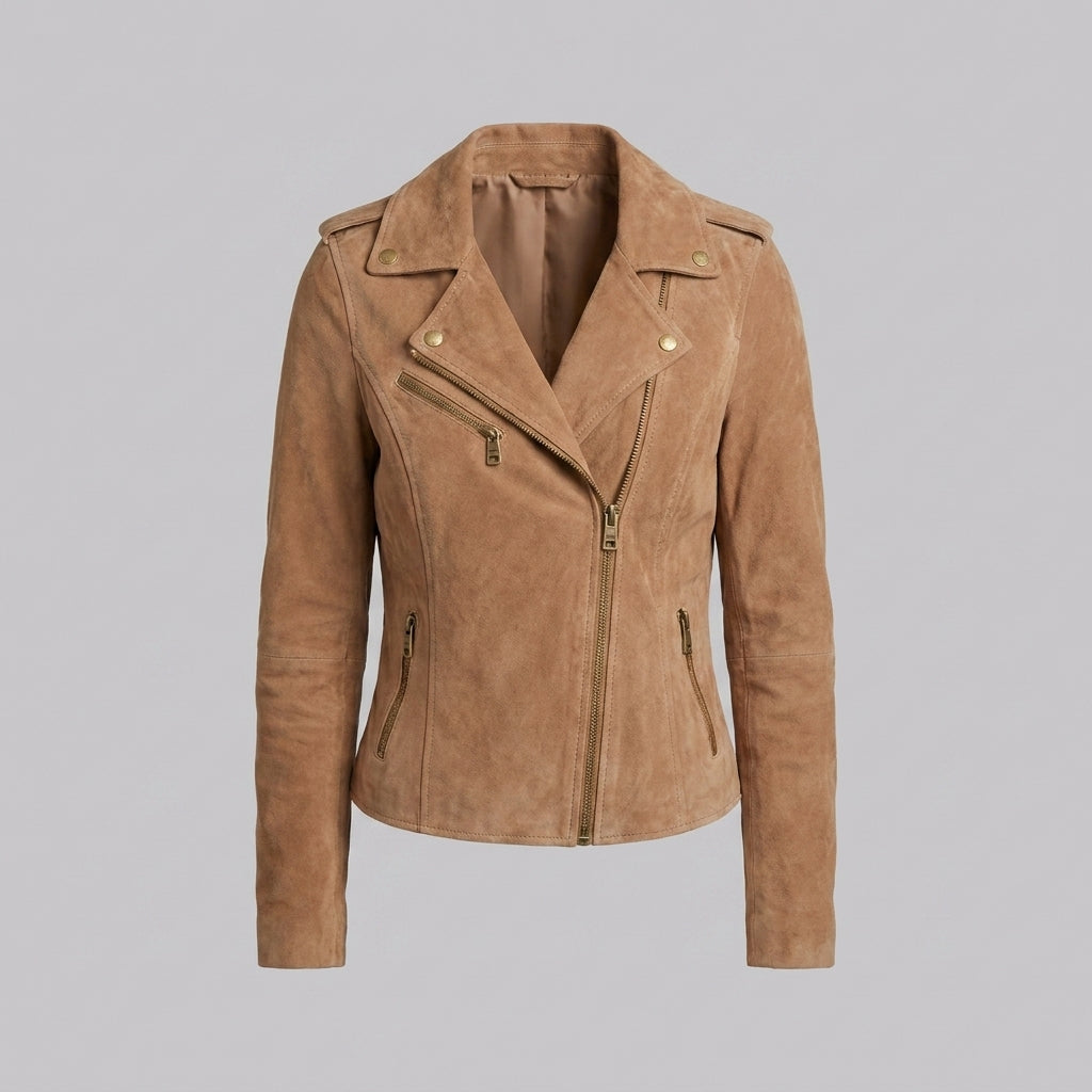 Women’s Tan Brown Suede Moto Biker Jacket