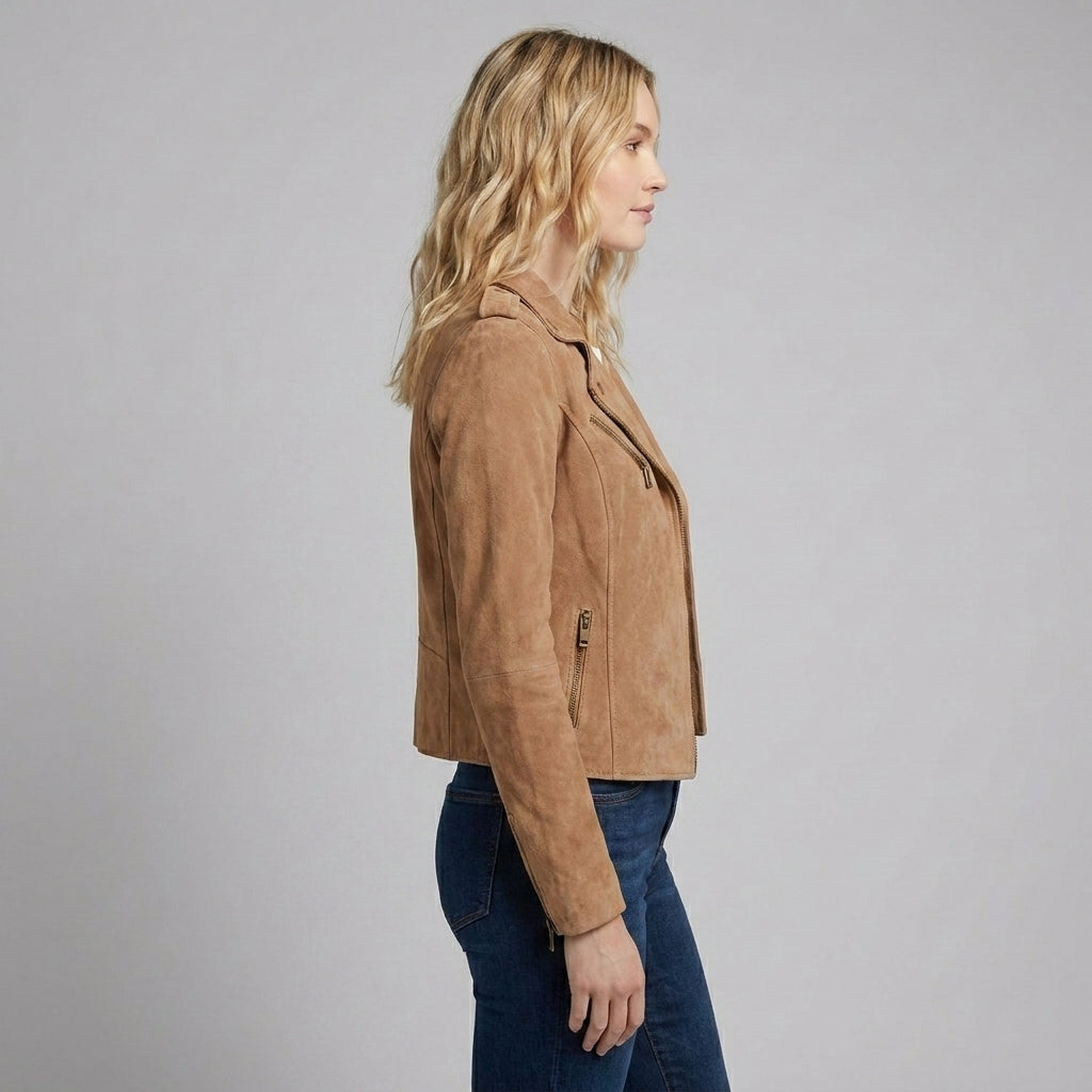 Women’s Tan Brown Suede Moto Biker Jacket