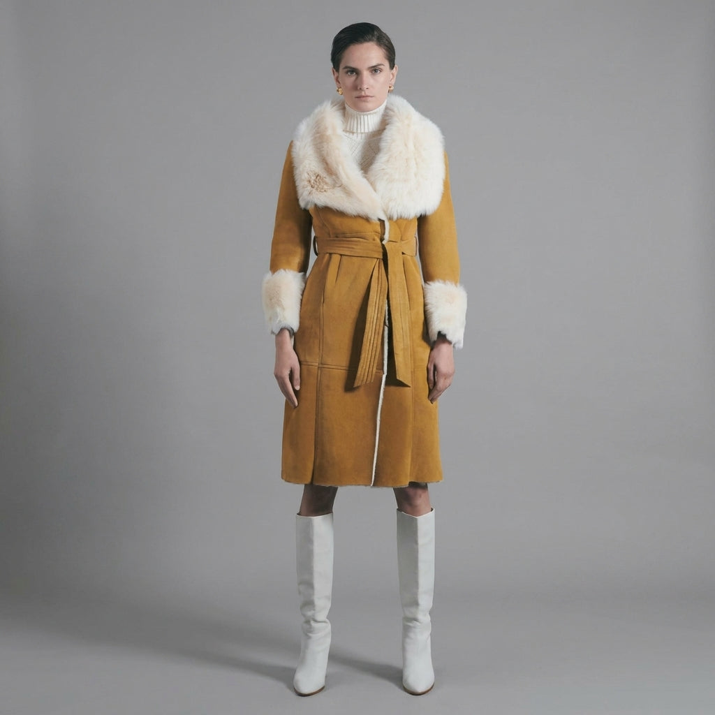 Women’s Tan Brown Suede Shearling Coat – Luxe Winter Jacket