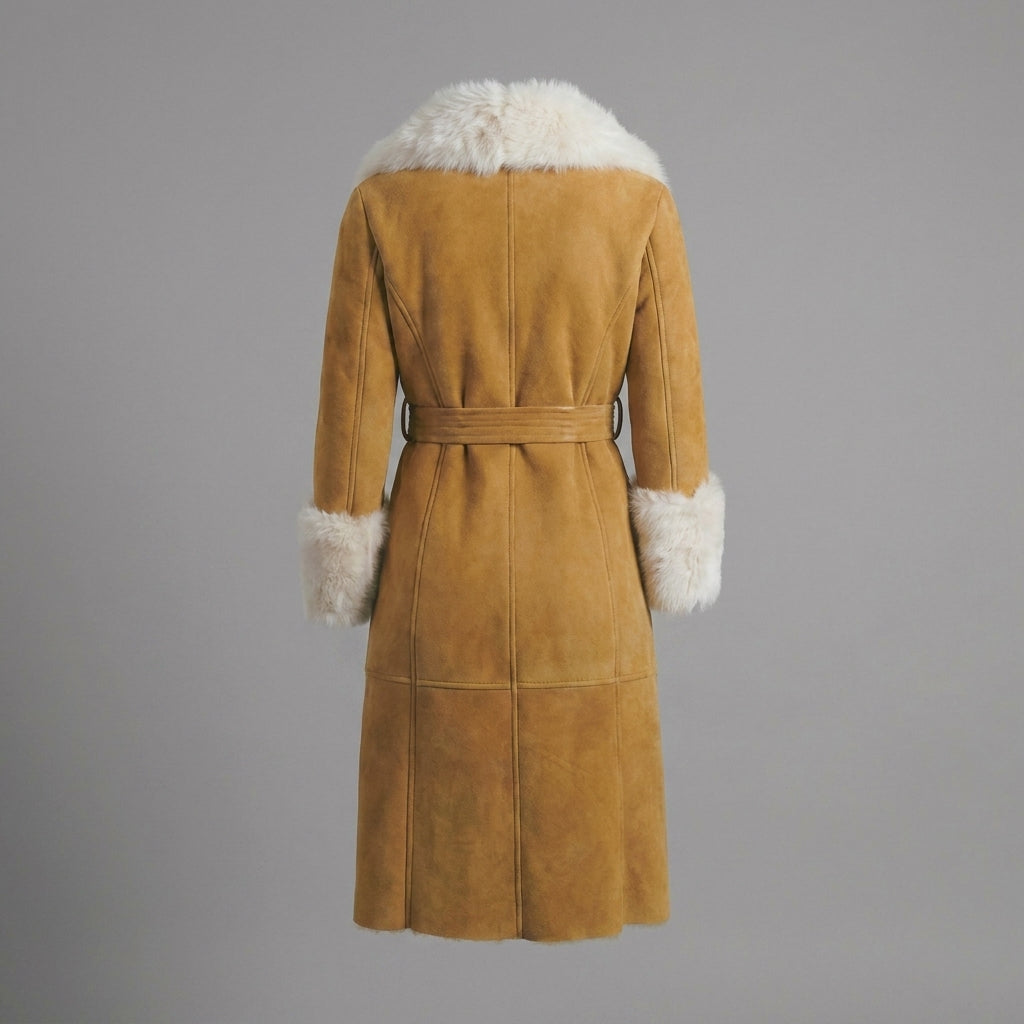 Women’s Tan Brown Suede Shearling Coat – Luxe Winter Jacket