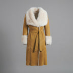 Women’s Tan Brown Suede Shearling Coat – Luxe Winter Jacket