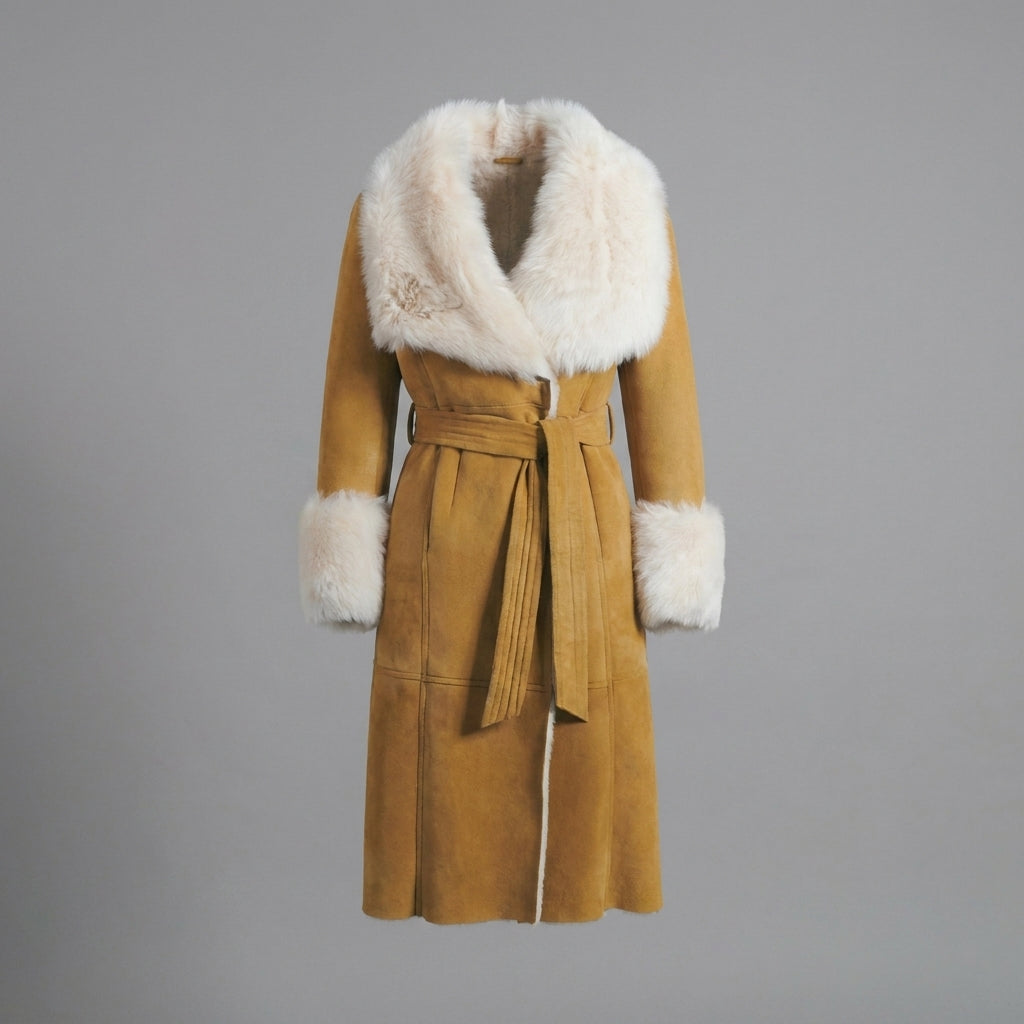 Women’s Tan Brown Suede Shearling Coat – Luxe Winter Jacket