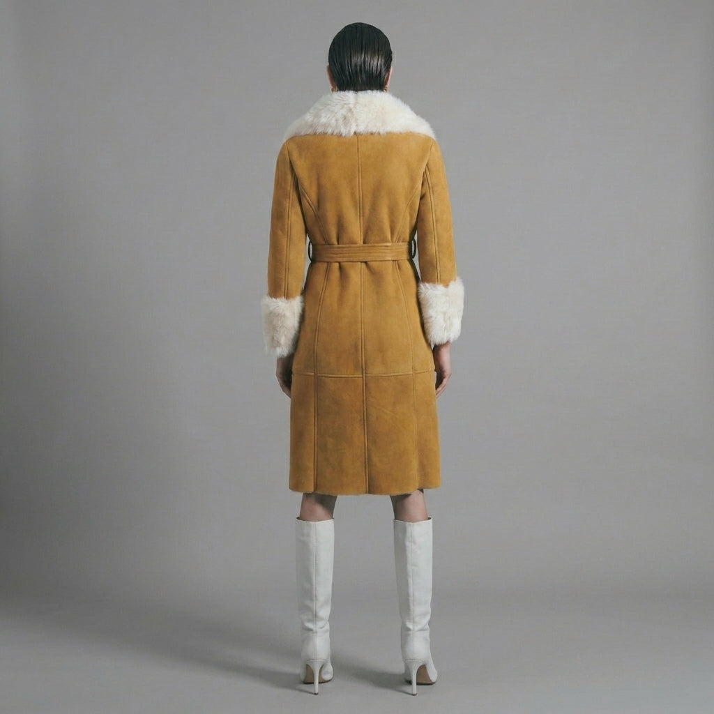 Women’s Tan Brown Suede Shearling Coat – Luxe Winter Jacket