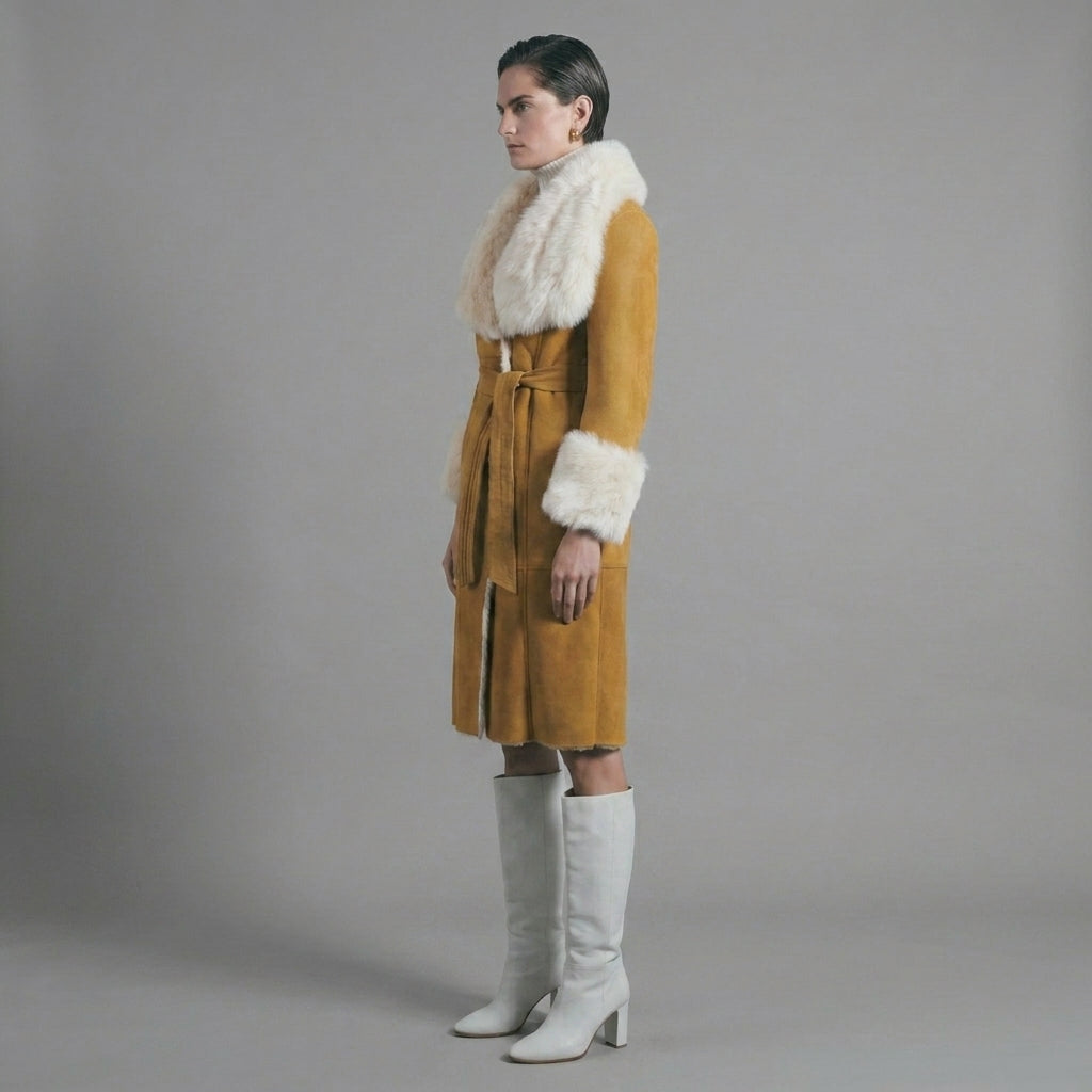 Women’s Tan Brown Suede Shearling Coat – Luxe Winter Jacket