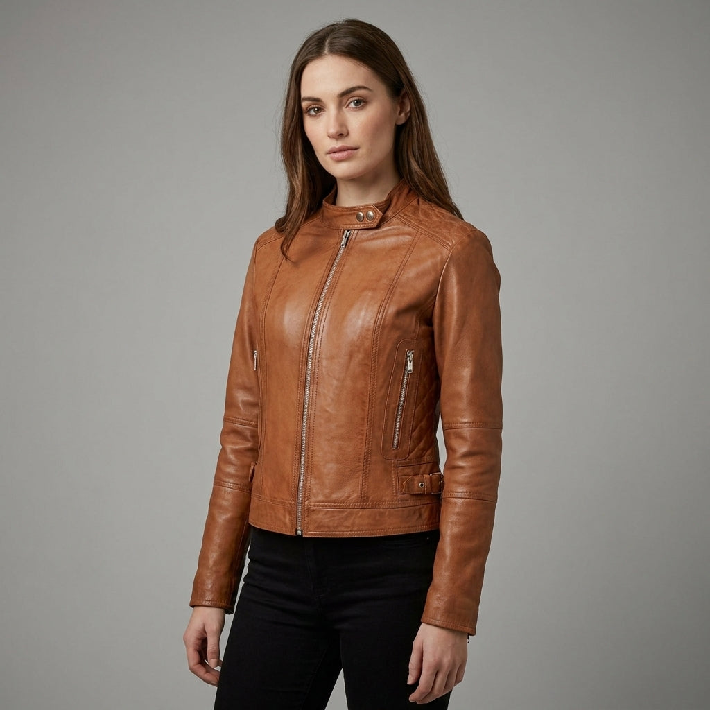 Women’s Tan Classic Cafe Racer Leather Jacket