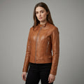 Women’s Tan Classic Cafe Racer Leather Jacket
