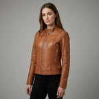 Women’s Tan Classic Cafe Racer Leather Jacket