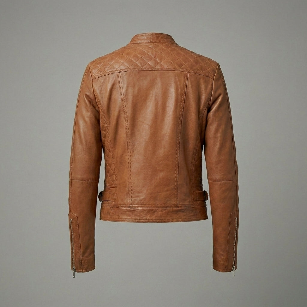 Women’s Tan Classic Cafe Racer Leather Jacket