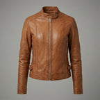 Women’s Tan Classic Cafe Racer Leather Jacket
