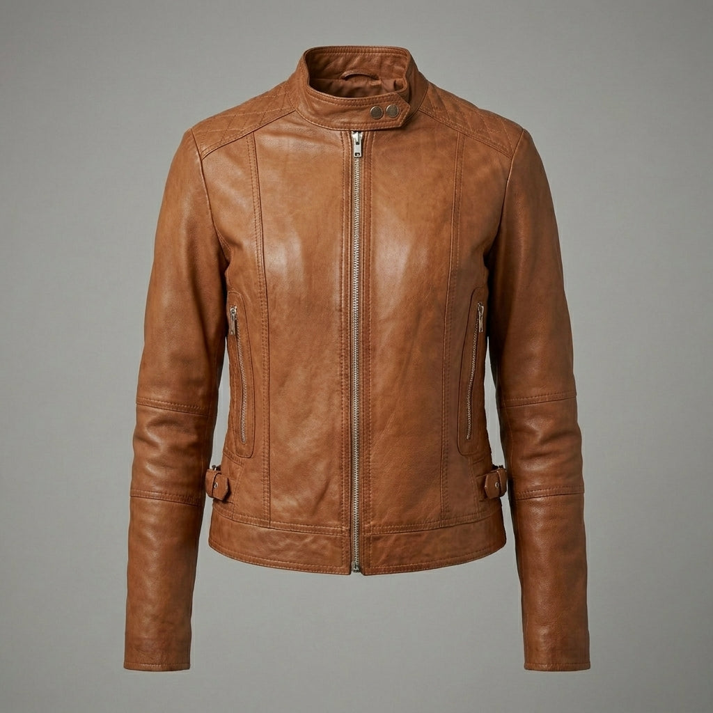 Women’s Tan Classic Cafe Racer Leather Jacket