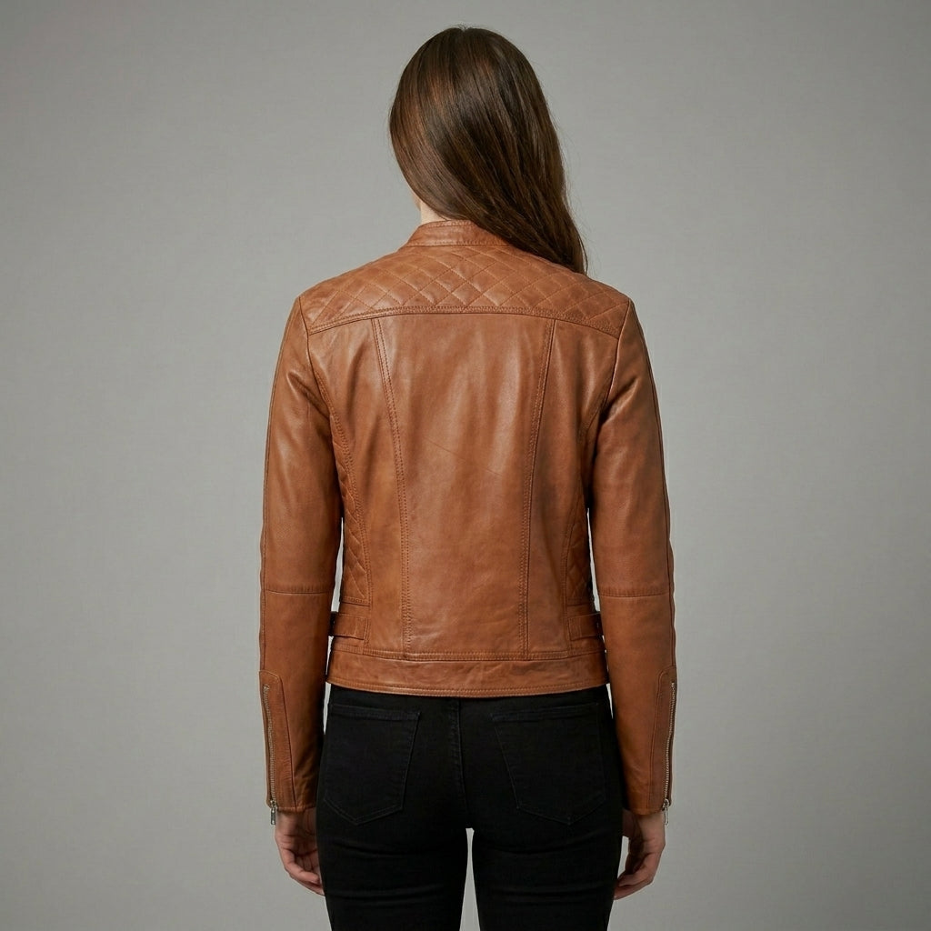 Women’s Tan Classic Cafe Racer Leather Jacket
