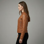Women’s Tan Classic Cafe Racer Leather Jacket