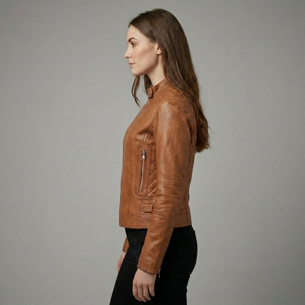 Women’s Tan Classic Cafe Racer Leather Jacket