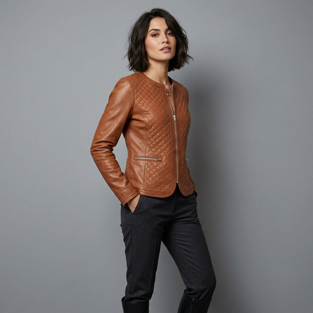 Women's Tan Collarless Quilted Leather Jacket