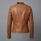 Women's Tan Collarless Quilted Leather Jacket